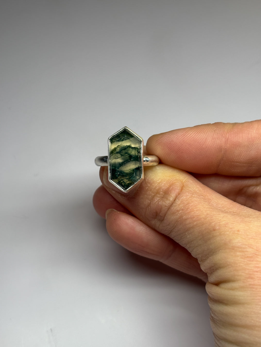 Moss Agate & Sterling Silver Ring — Size 8.25