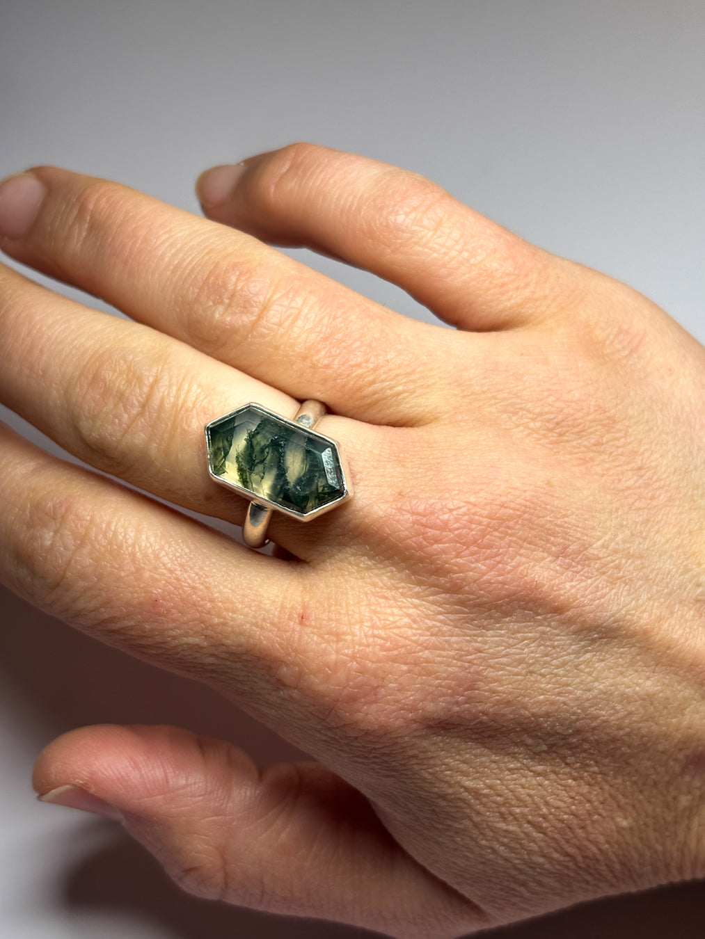 Moss Agate & Sterling Silver Ring — Size 8.25