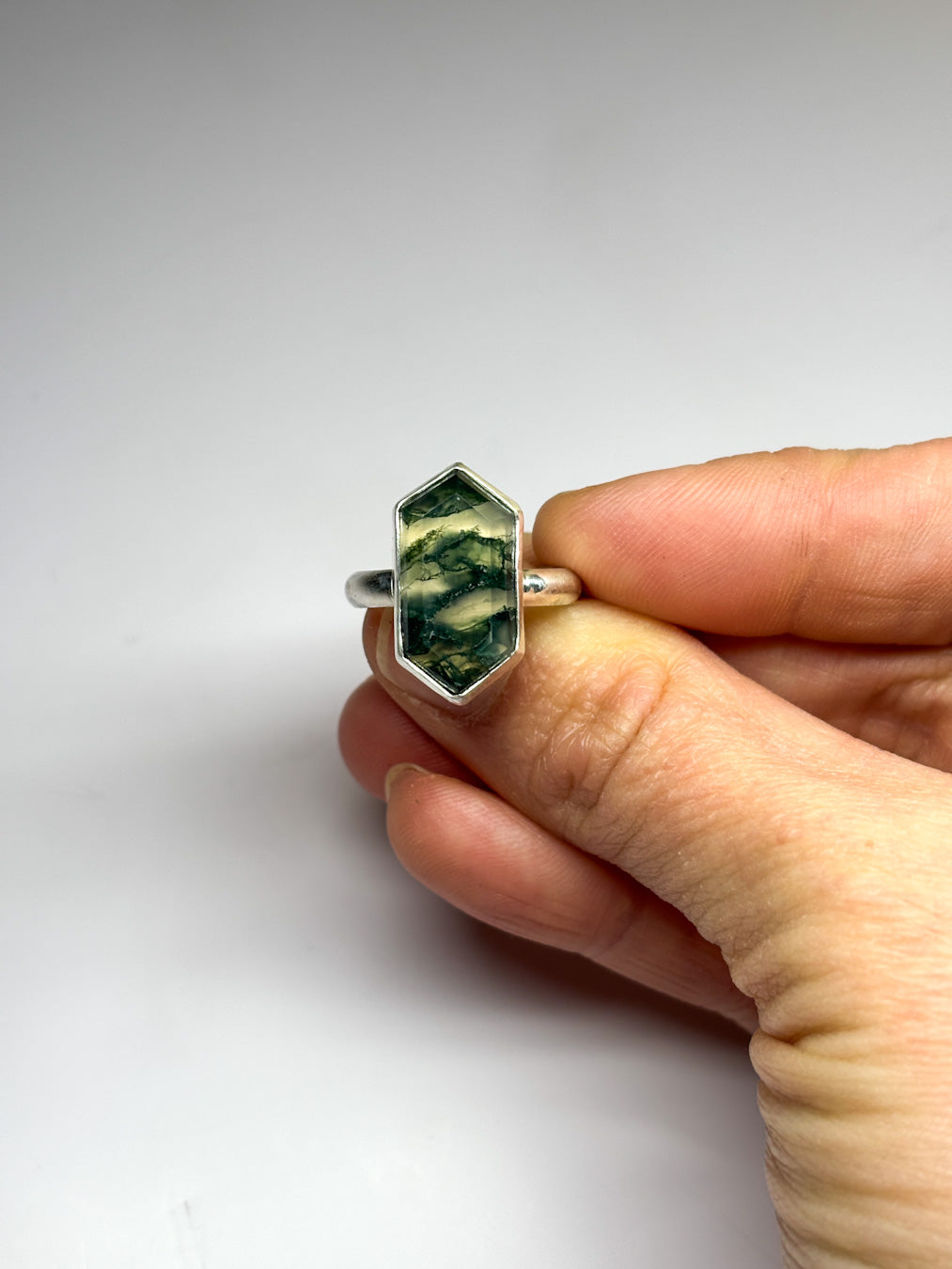 Moss Agate & Sterling Silver Ring — Size 8.25