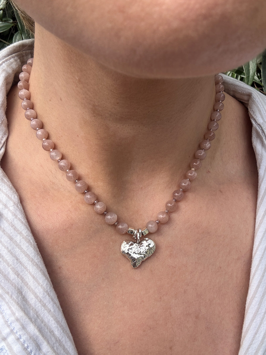 Sunstone Beaded Necklace with Textured Sterling Silver Heart