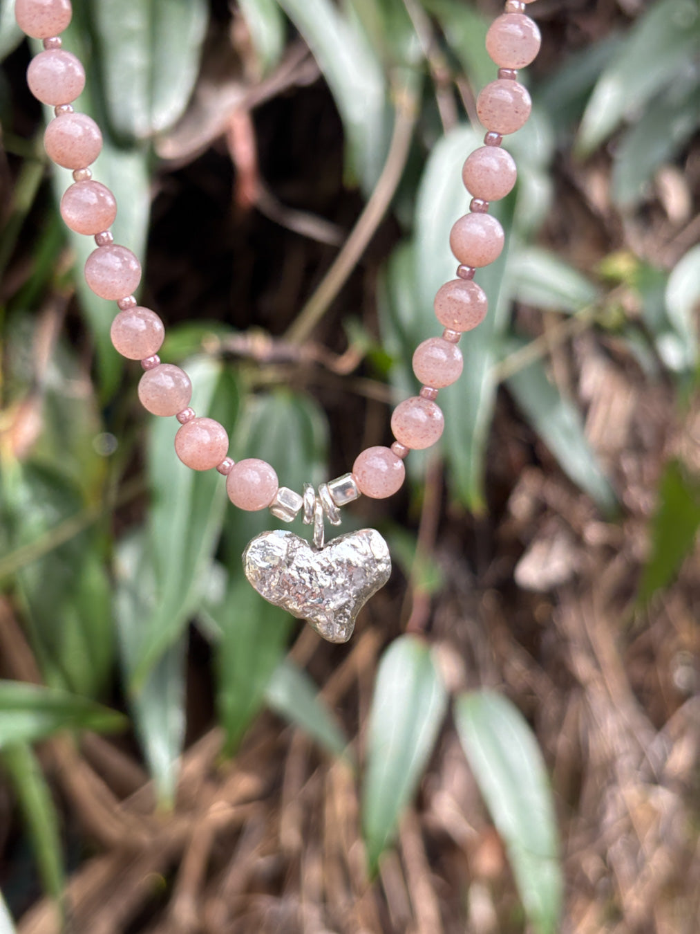 Sunstone Beaded Necklace with Textured Sterling Silver Heart