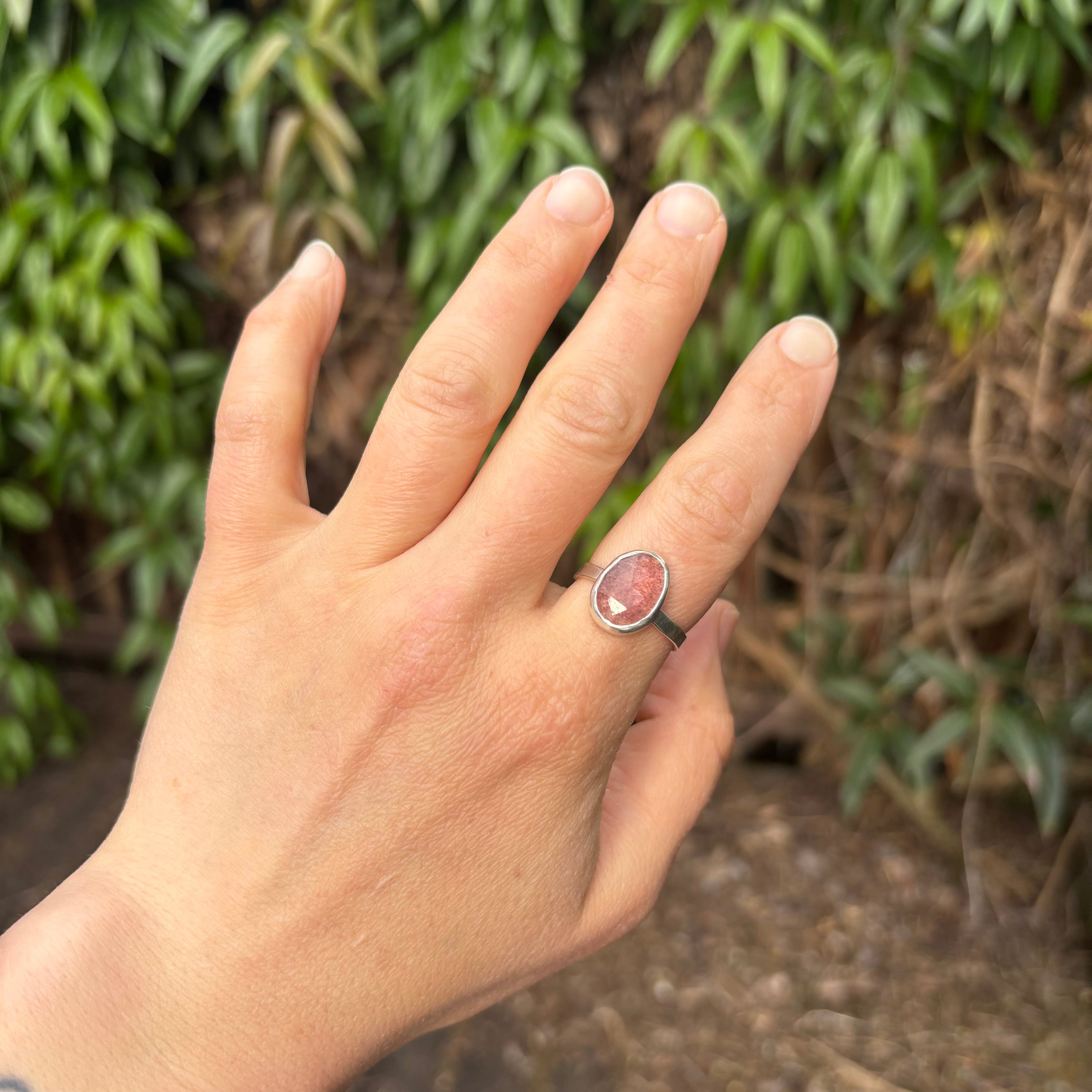 Oval Strawberry Quartz Silver Ring
