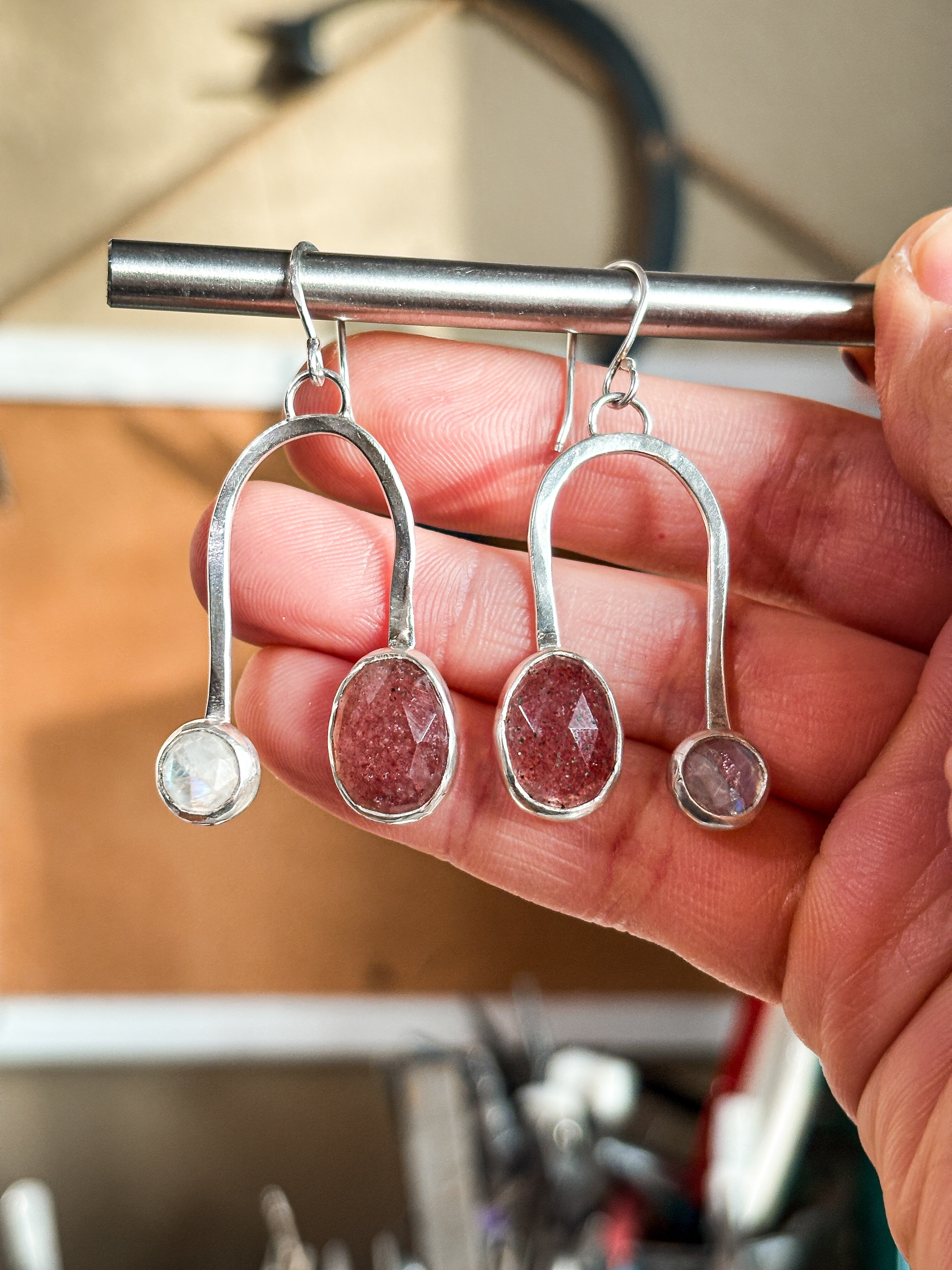Strawberry Quartz + Moonstone Drop Earrings