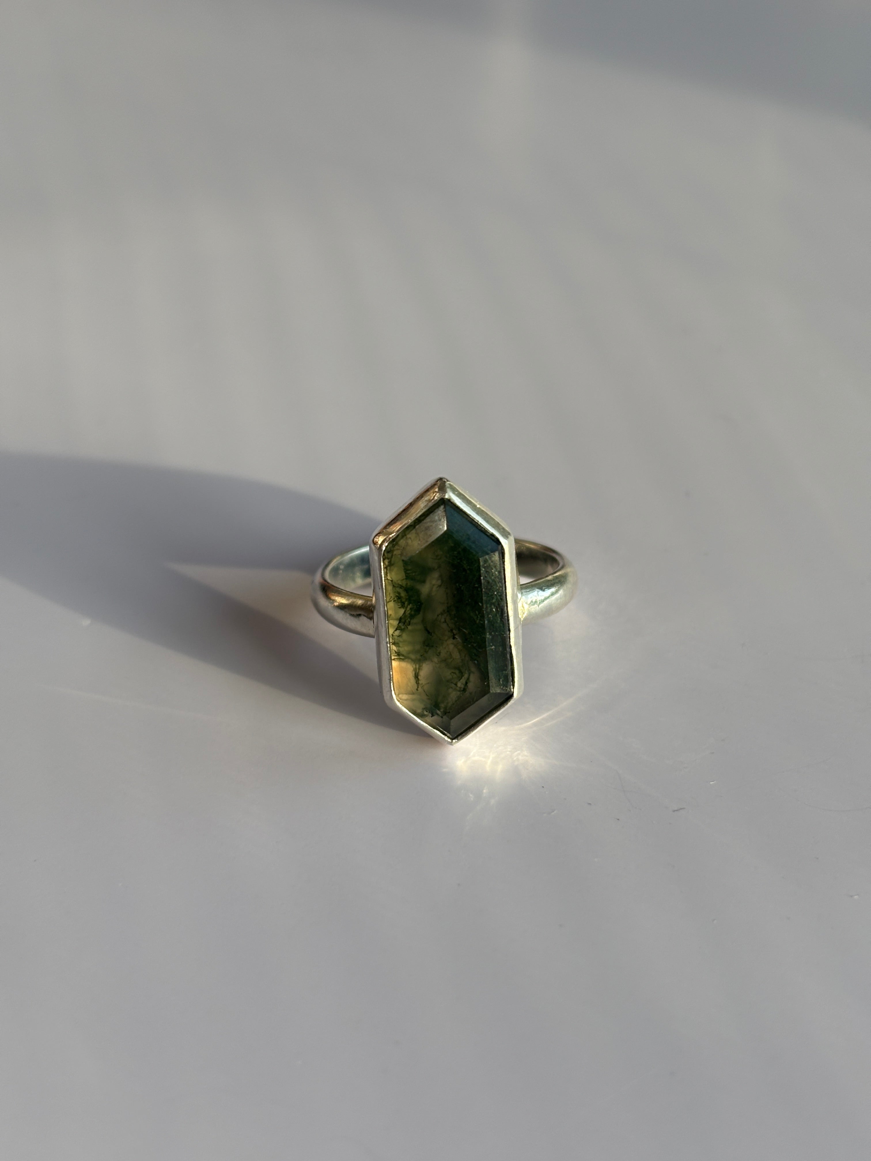 Moss Agate & Sterling Silver Ring — Size 8