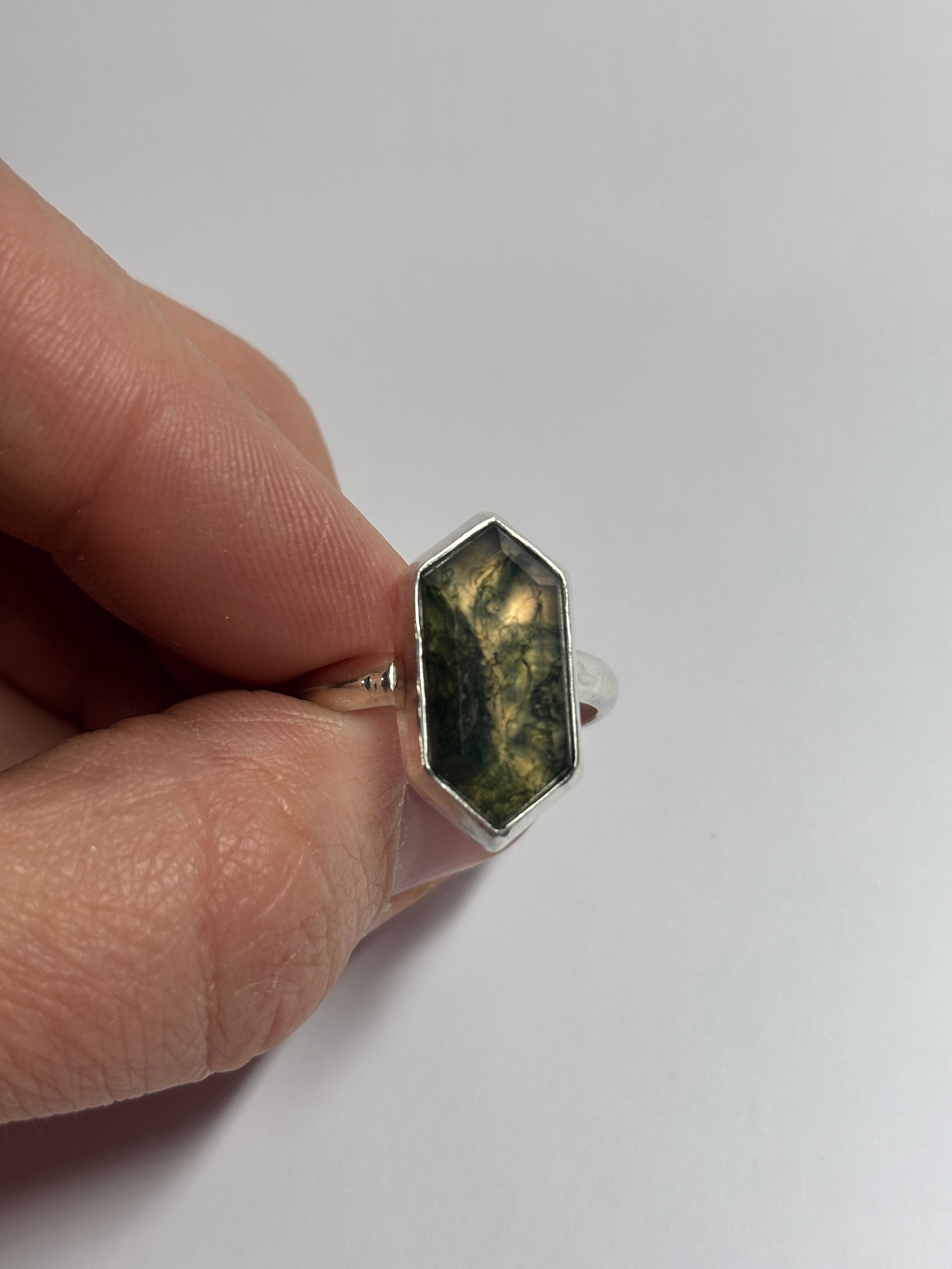 Moss Agate & Sterling Silver Ring — Size 8