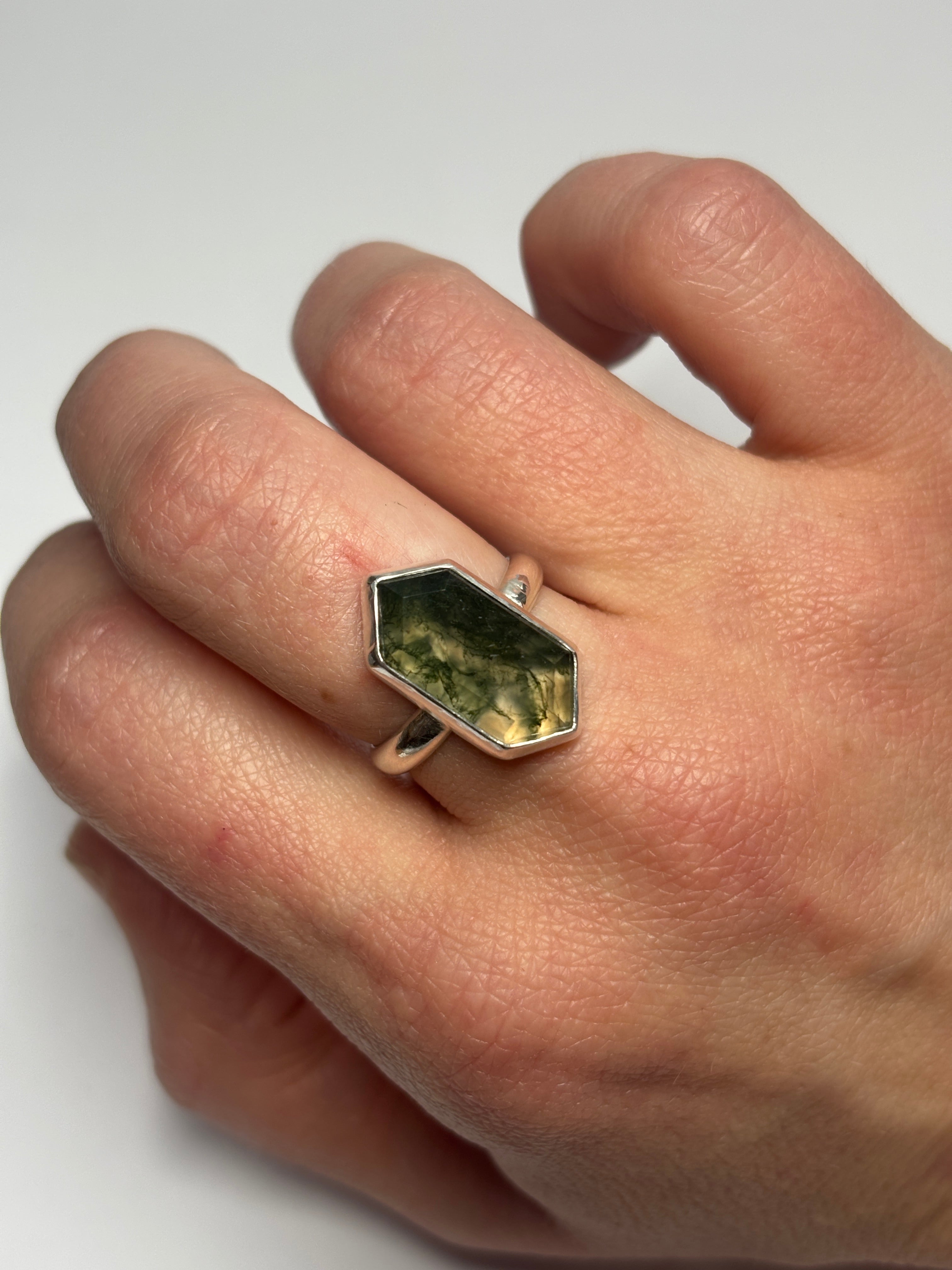 Moss Agate & Sterling Silver Ring — Size 8