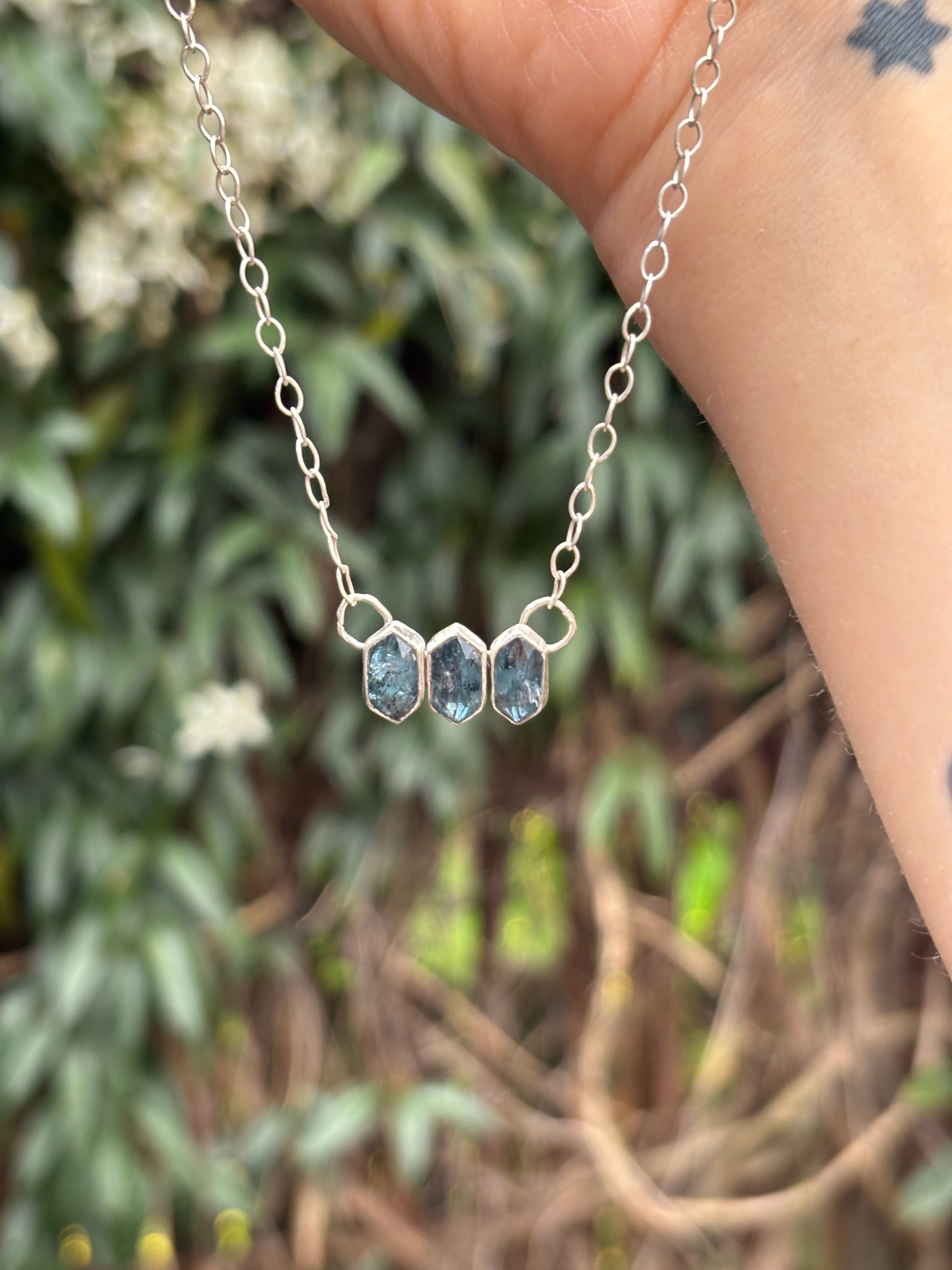 Blue Kyanite Triple Stone Necklace in Sterling Silver