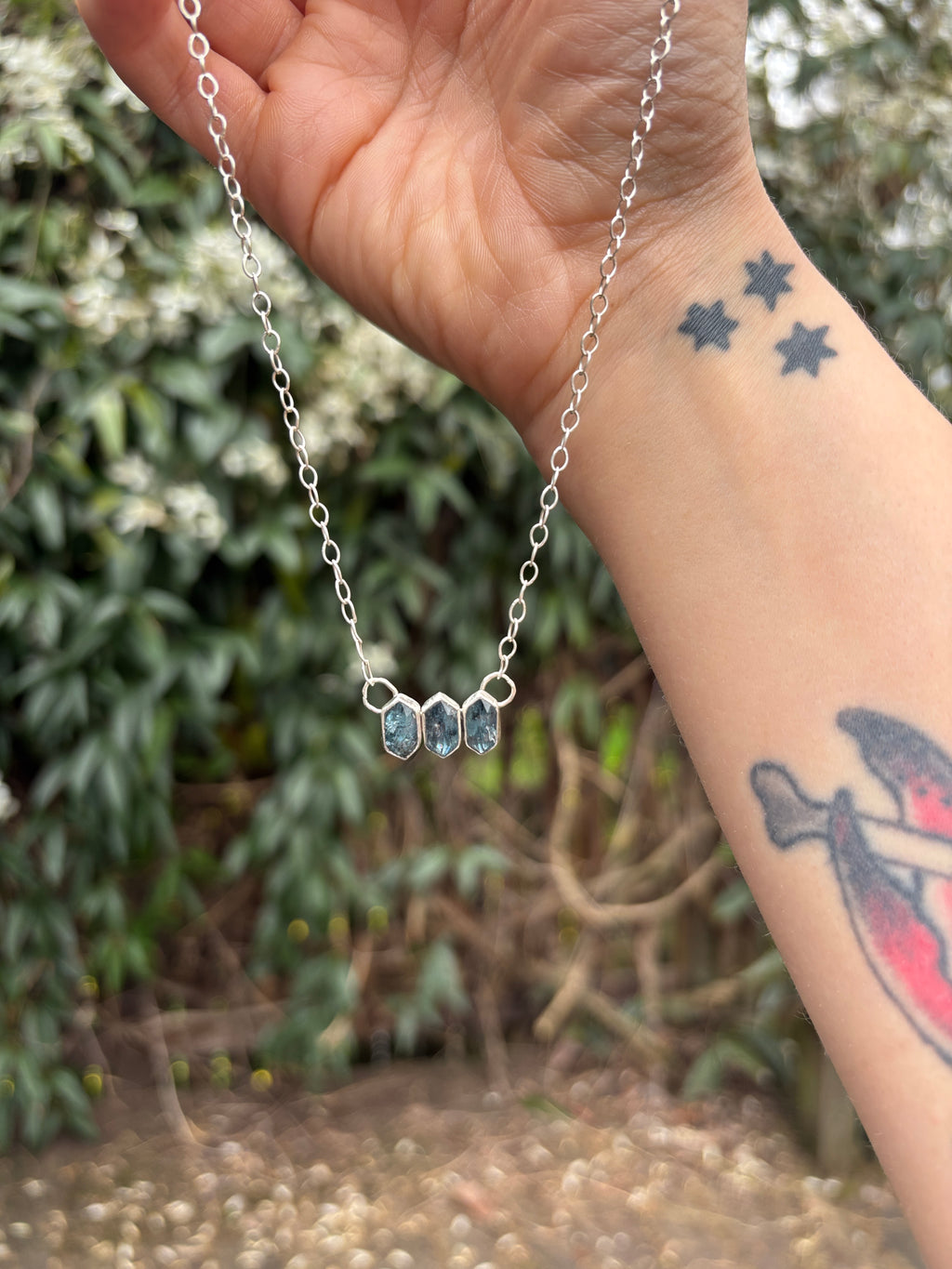 Blue Kyanite Triple Stone Necklace in Sterling Silver