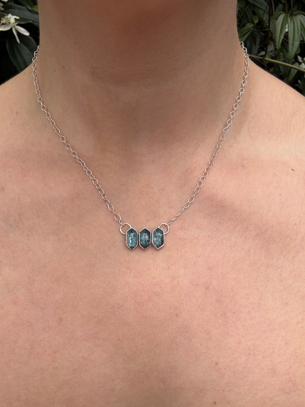 Blue Kyanite Triple Stone Necklace in Sterling Silver