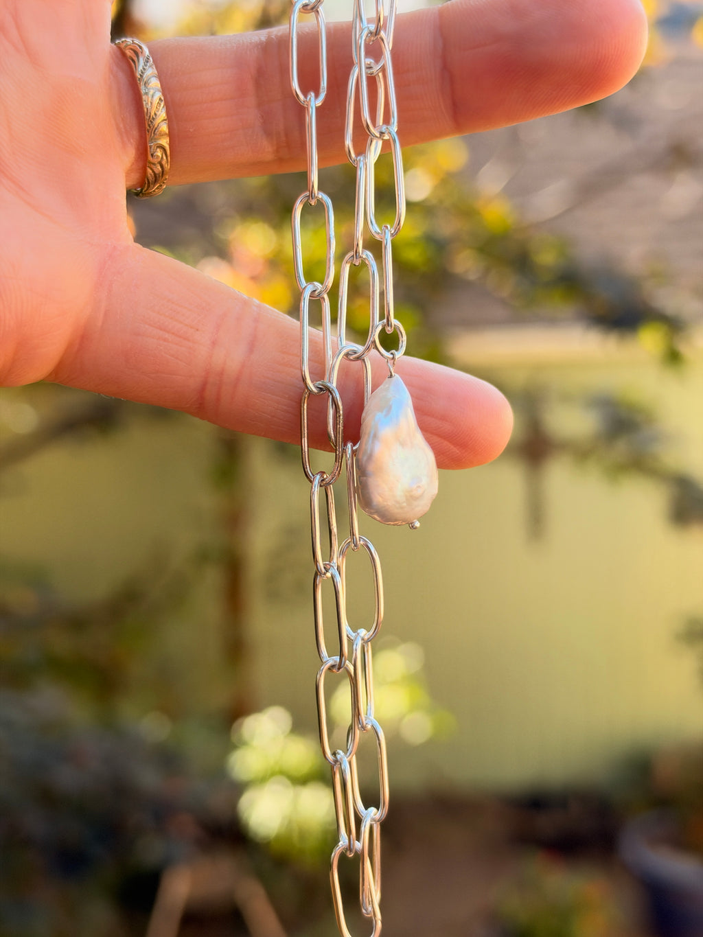 Silver Pearl Lariat Necklace