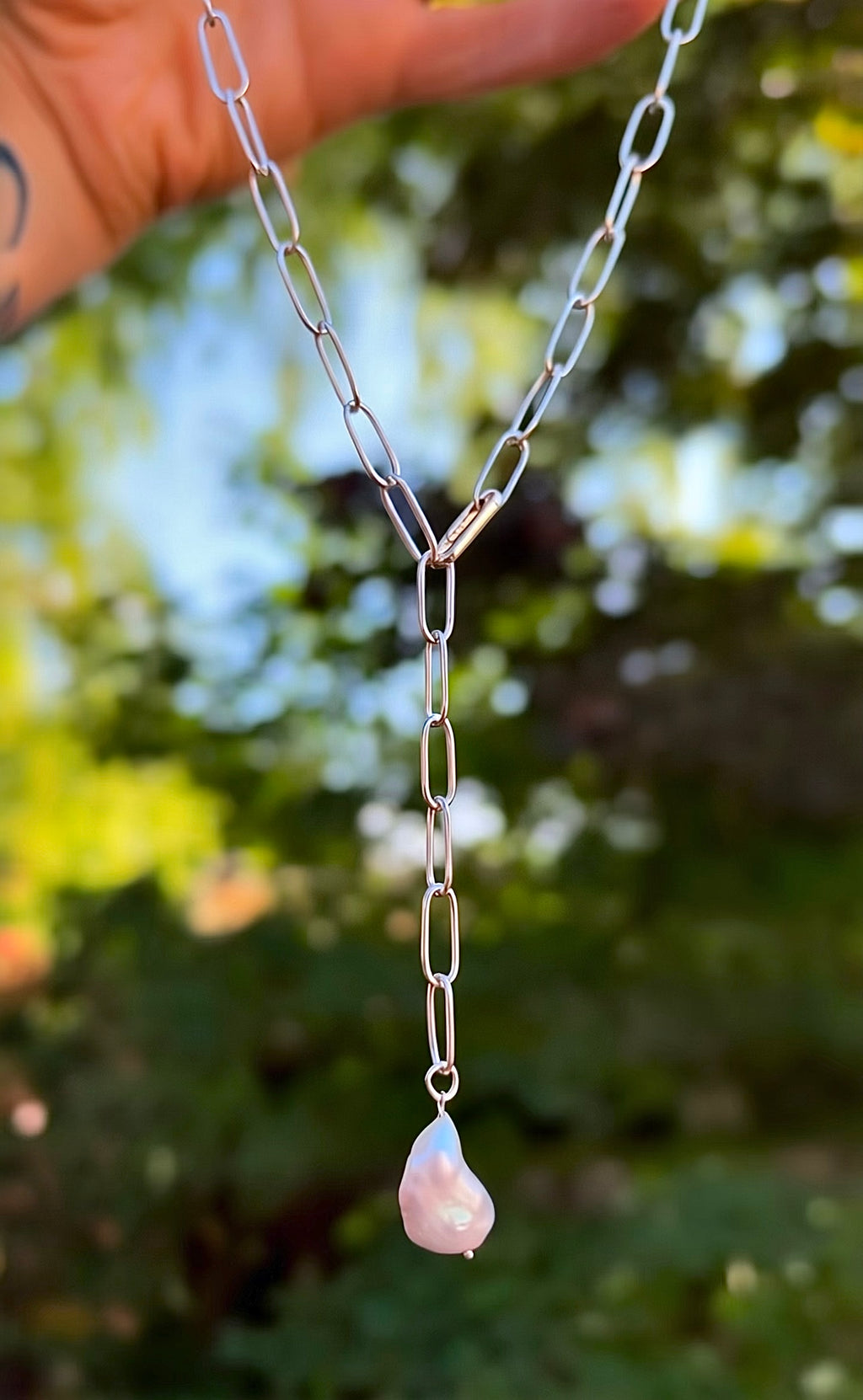 Silver Pearl Lariat Necklace